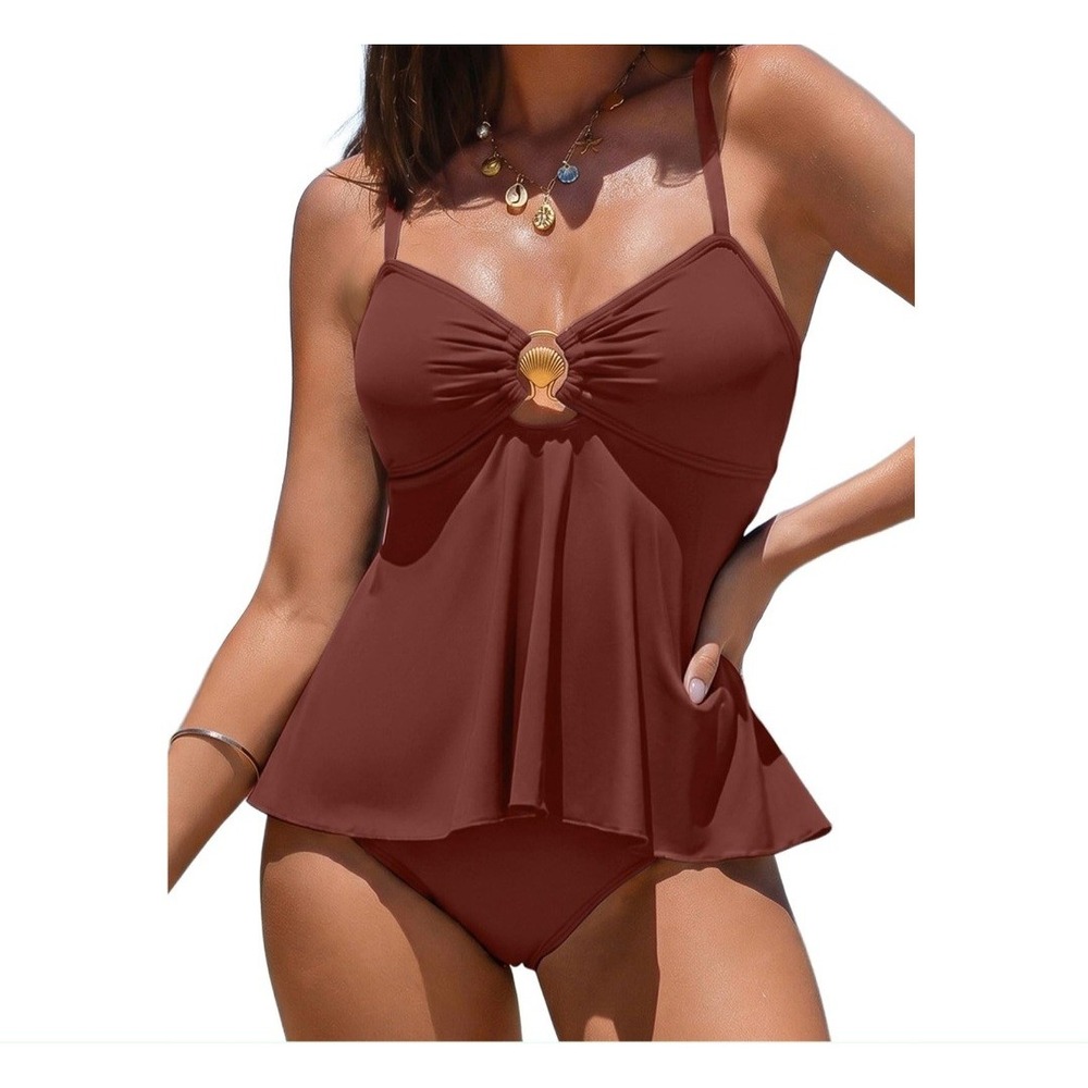 Terracotta Brown Peplum Tankini Set with Gold Seashell Detail Medium Womans swim